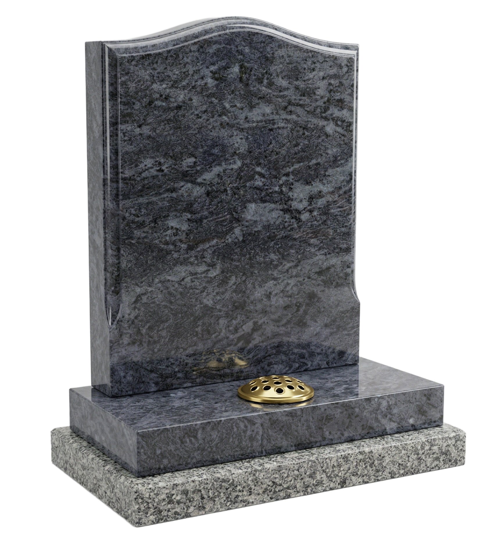 Bahama Blue granite headstone with curved top on base and gold-colored flower holder