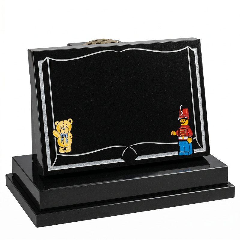 Childrens memorial plaque featuring a teddy bear and toy soldier design in Black Granite