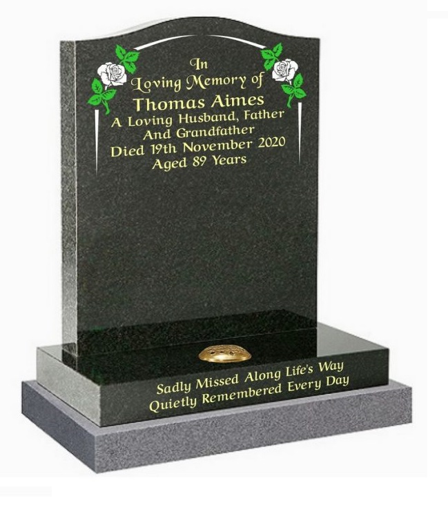 Curved top Flint Grey Granite Headstone with Rose and Leaves design