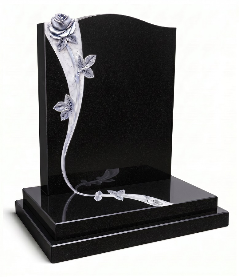 Flowing rose carved black granite headstone