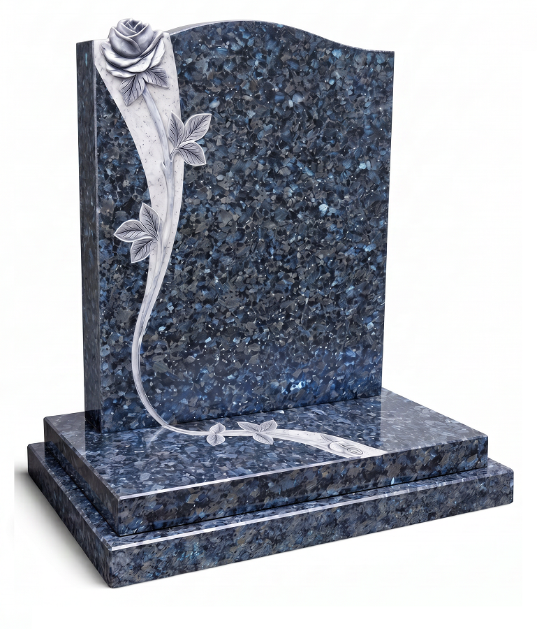 Flowing rose carvred blue pearl granite headstone
