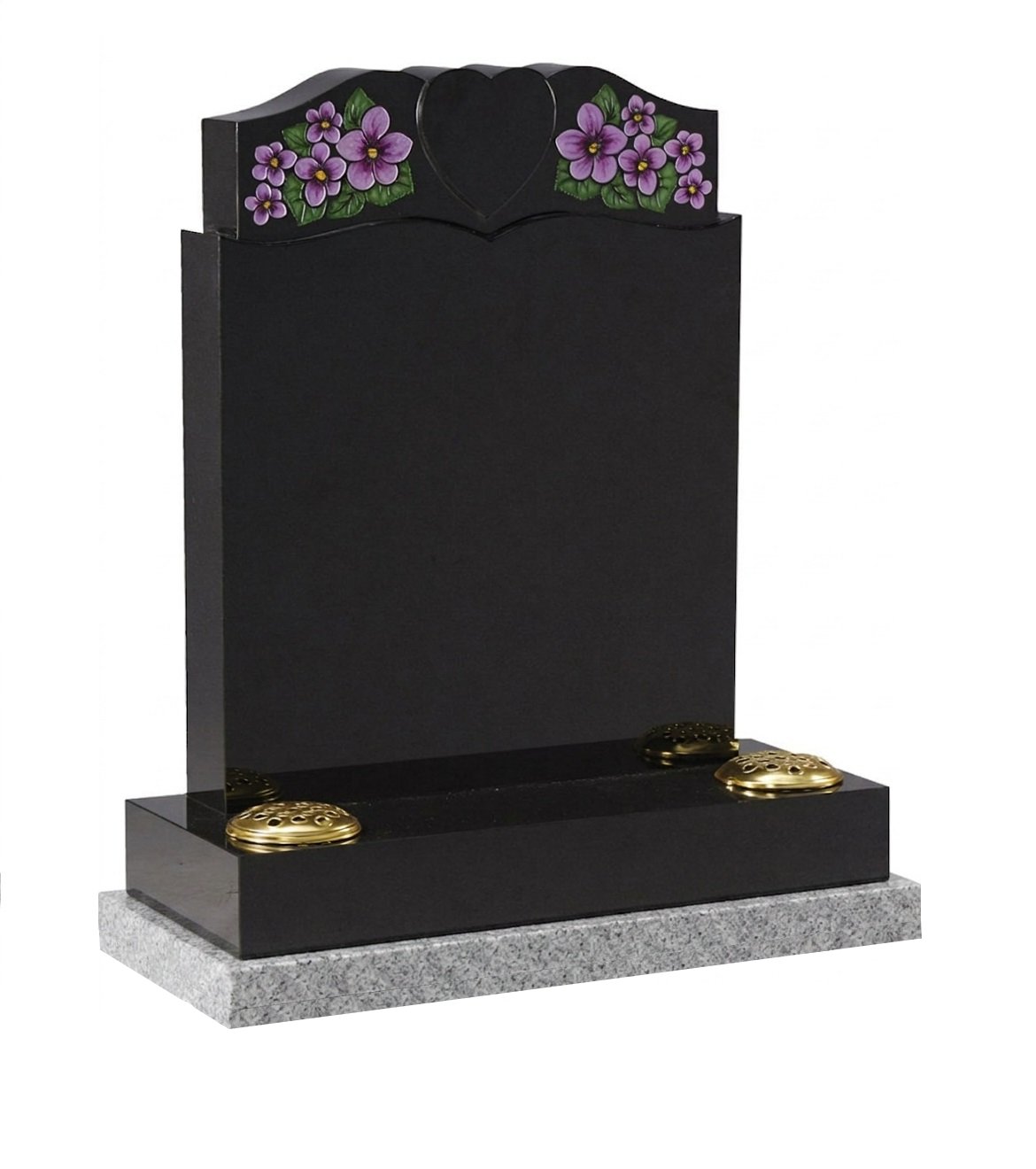 Black granite double ogee headstone with raised heart and violet floral design