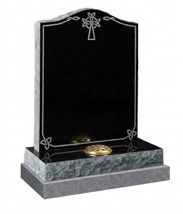 Polished black granite Celtic cross headstone with rustic grey pitched granite edges and decorative knotwork design