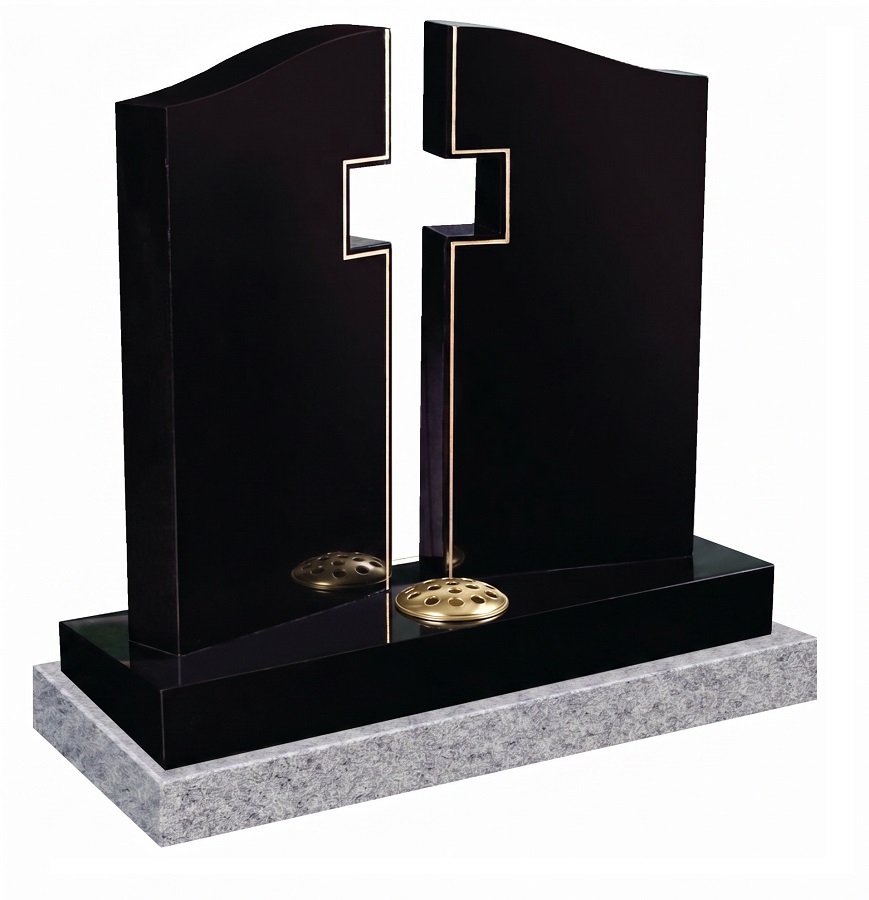 Black granite integrated cross headstone memorial with polished finish and decorative gold flower containers