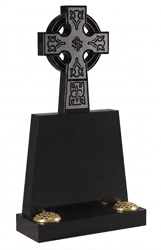Black granite Celtic cross memorial with intricate carved knotwork and polished finish