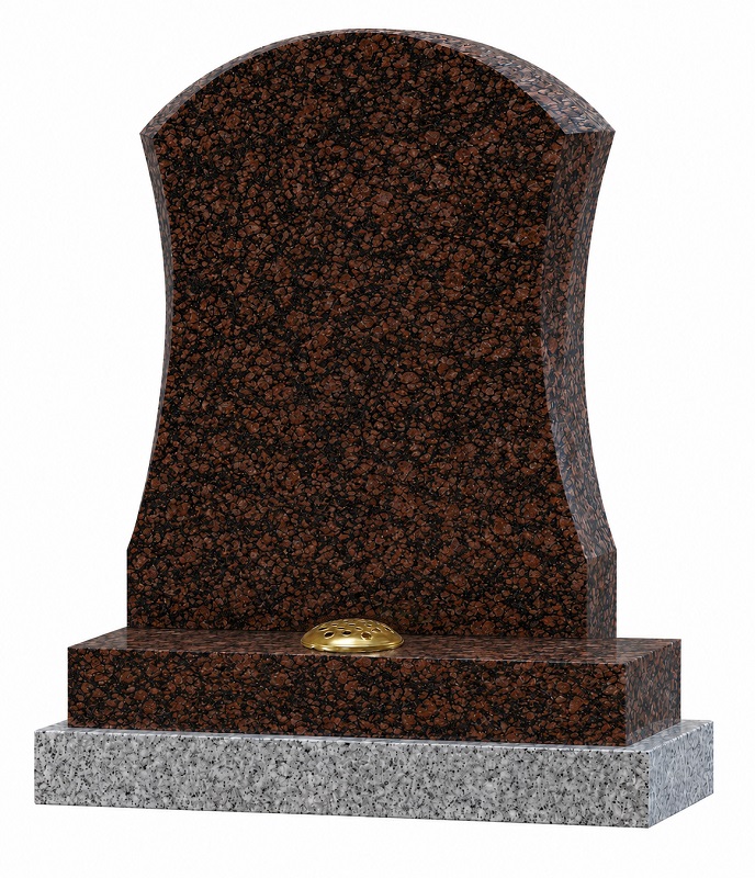 Cats Eye granite memorial headstone with curved shoulders, polished finish and flower container.