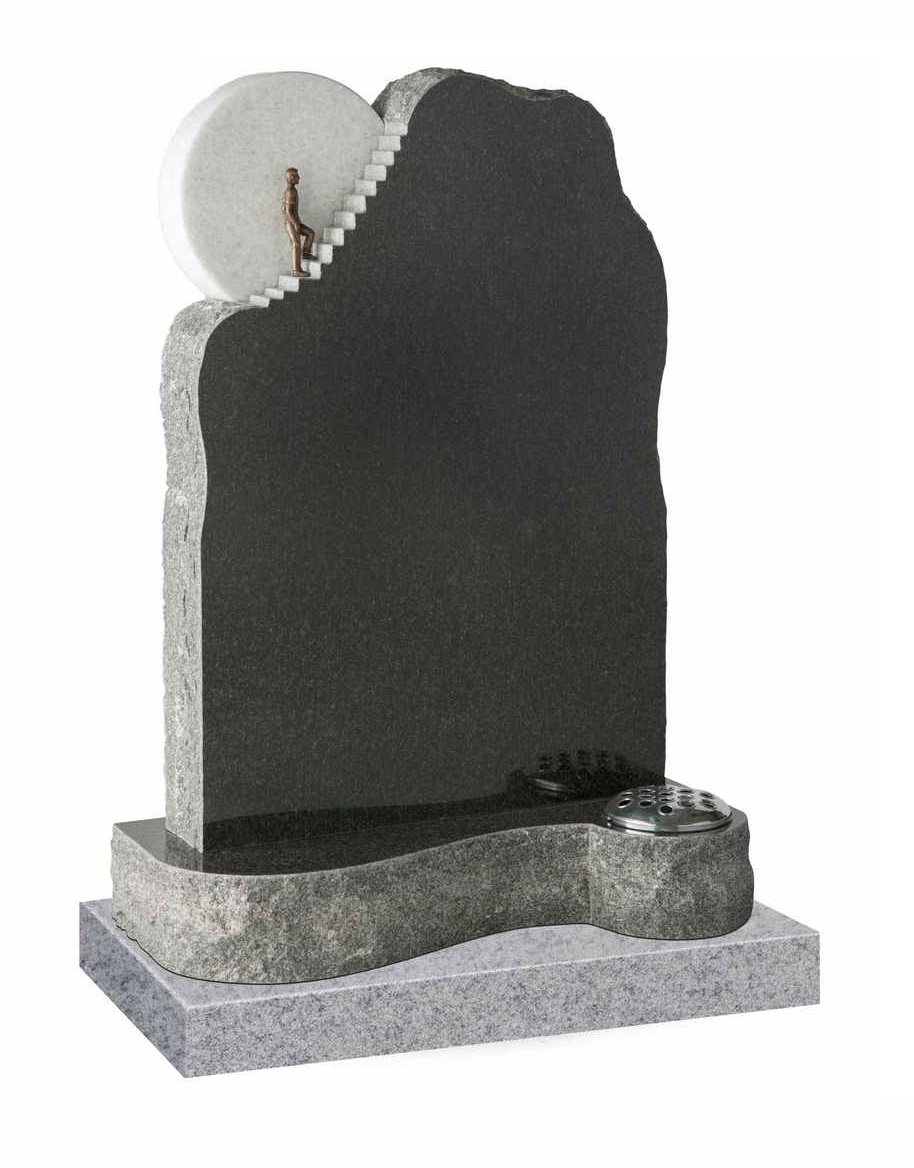Dark grey granite headstone with stairway to heaven design, moon feature and rustic pitched granite edging