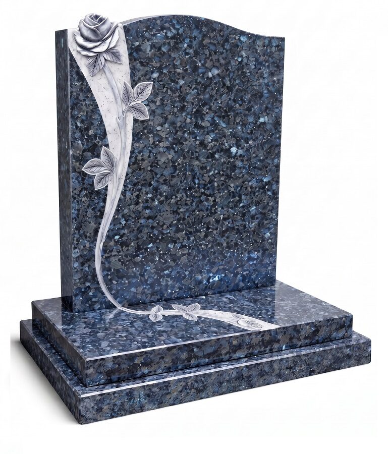 Flowing rose blue pearl granite headstone