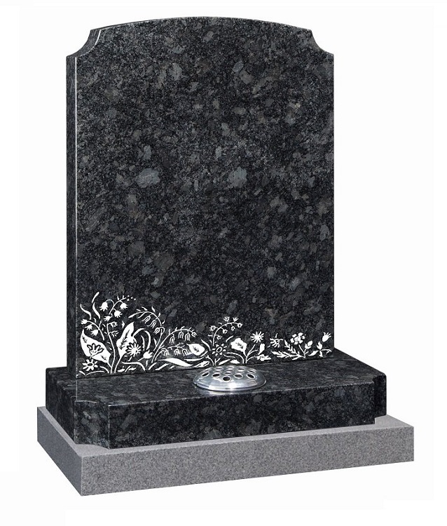Scotia shouldered steel grey granite memorial with engraved floral design
