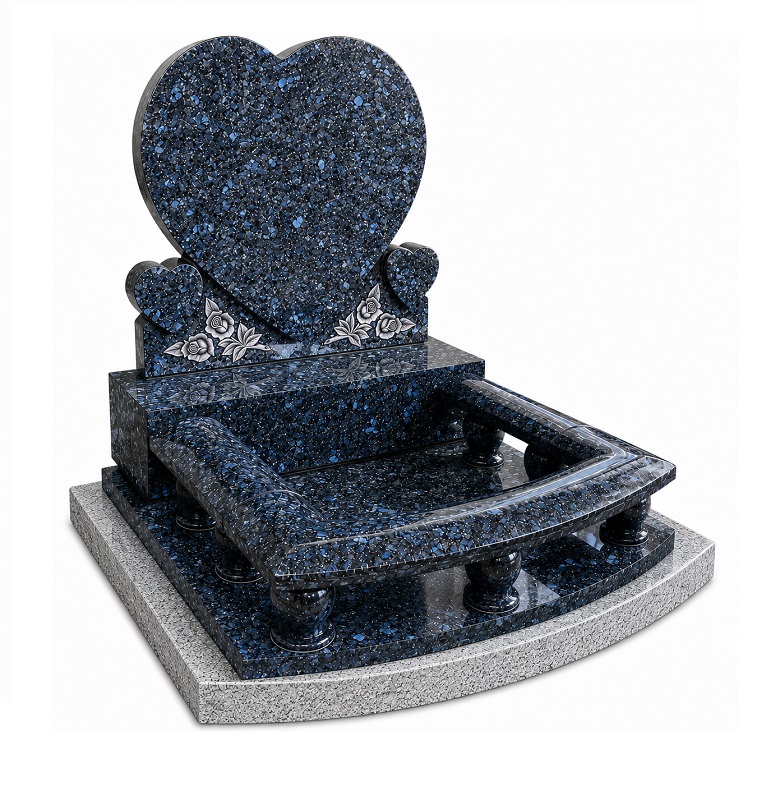 Blue Pearl granite heart memorial with carved roses, balustrade kerbs and polished Silver Grey granite foundation base
