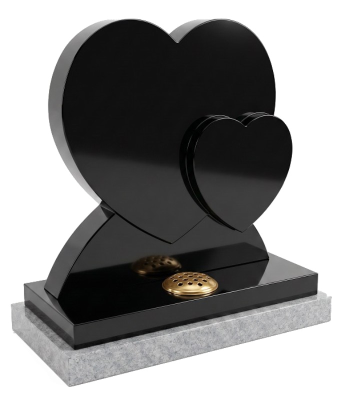 Black granite double heart memorial headstone with polished finish and light grey granite plinth