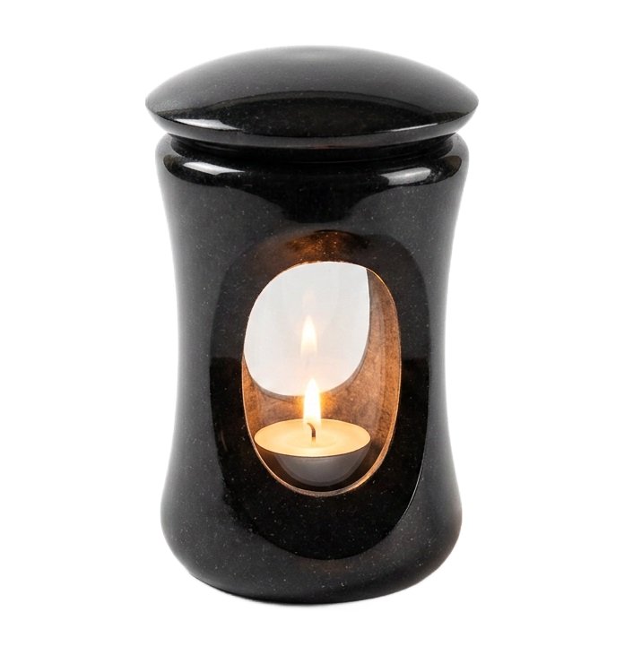 Polished black granite memorial candle lantern with tea light candle