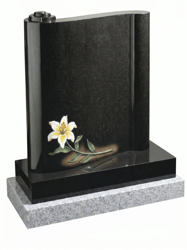 Black granite scroll headstone with painted white Lily design and light grey granite plinth