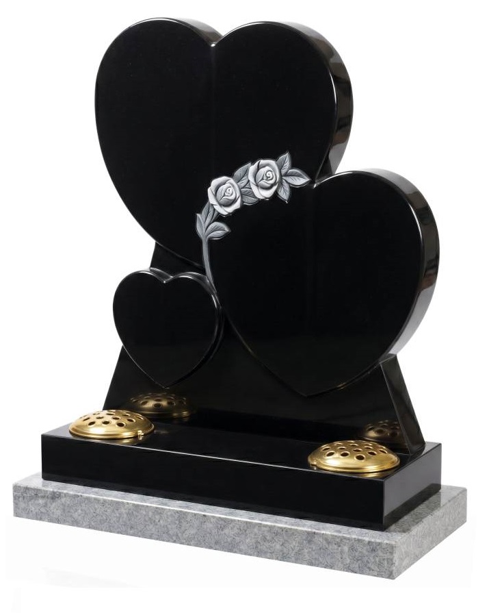 Black granite triple heart memorial headstone with carved silver roses and light grey granite plinth
