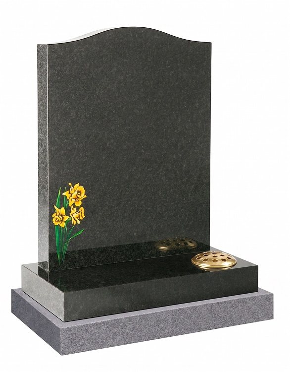 Dark grey granite headstone with hand-painted daffodil design and flower container