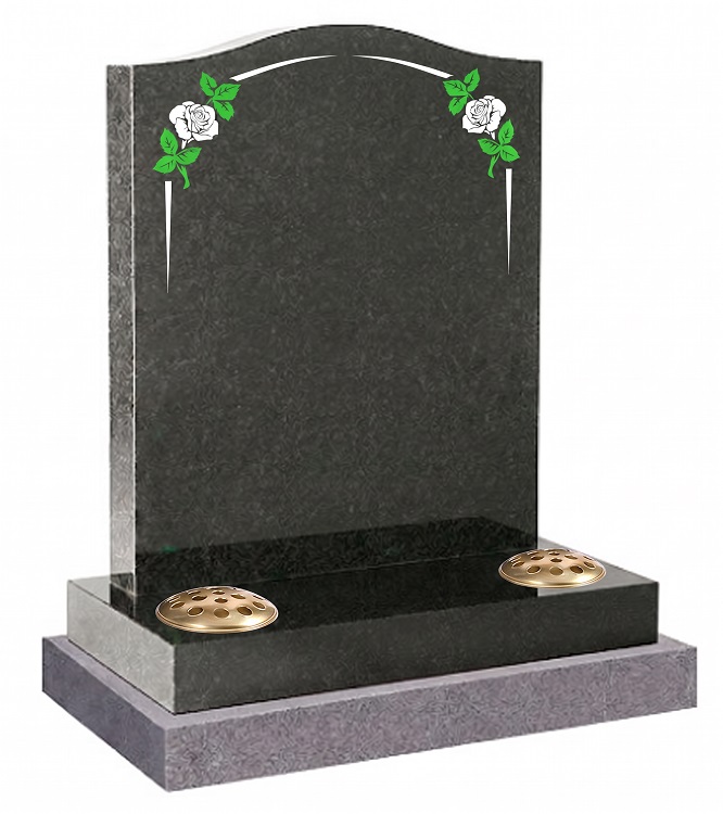 Dark grey granite memorial headstone with white rose corner carvings and twin flower containers