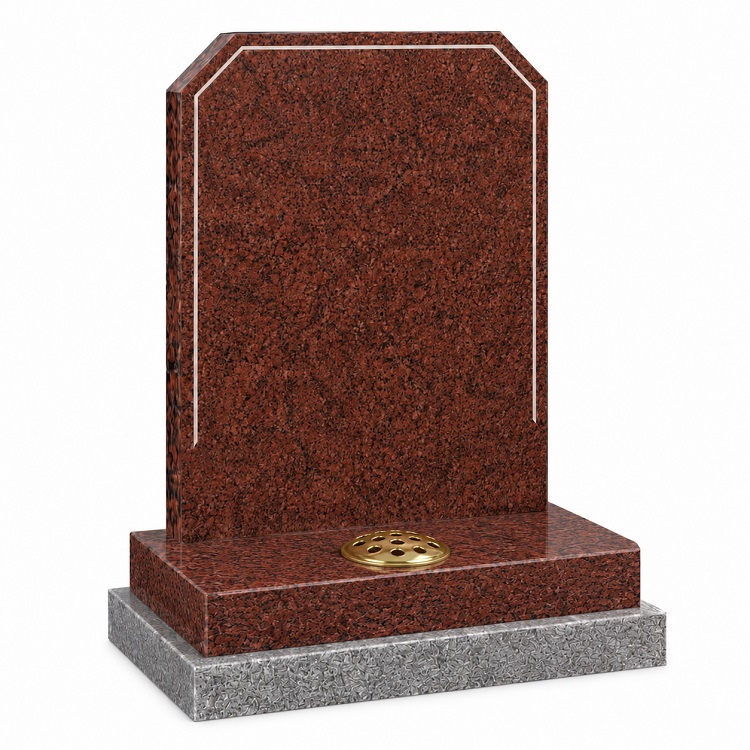 Indian Red granite headstone with splayed shoulders and gold vase lid