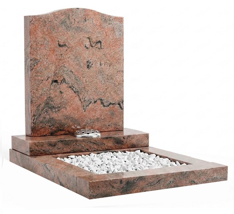 Multi-colour granite headstone with matching kerb surrounds and white decorative chippings