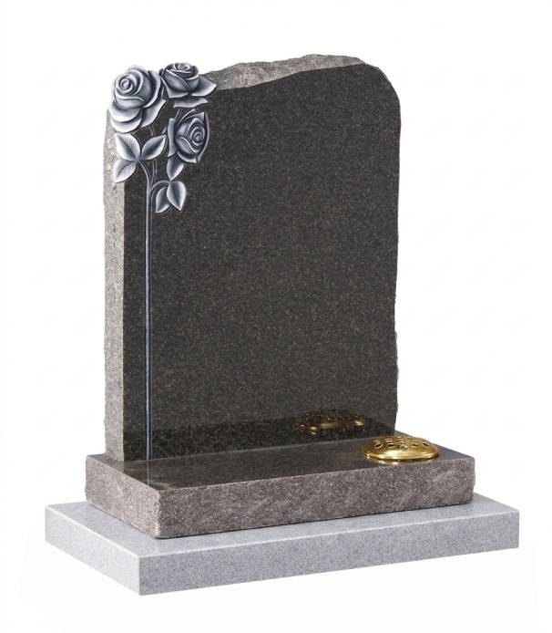 Rustic dark grey granite memorial headstone with hand-carved roses and polished finish