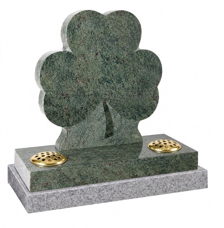Tropical green granite 3 leaf clover headstone with polished base and gold flower containers