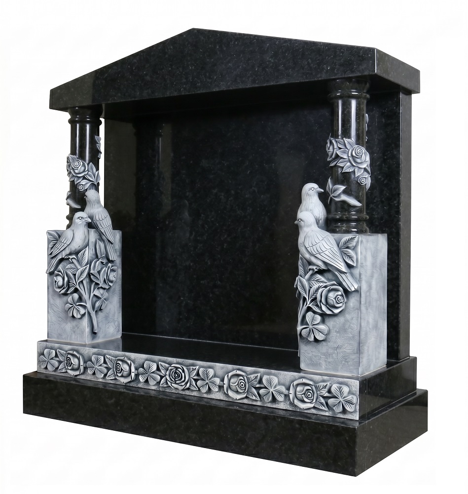 Temple Style Memorial with bird carvings in Black Granite with and