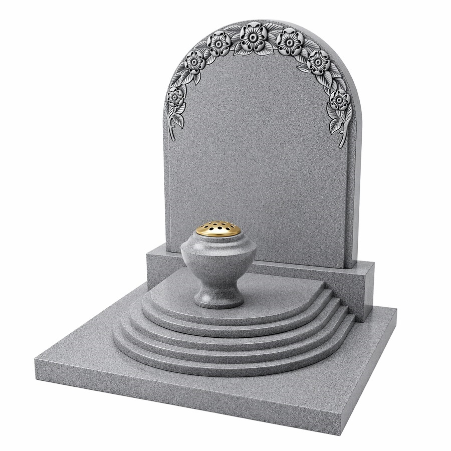 Grey Memorial with Floral Carving in Light Grey Granite