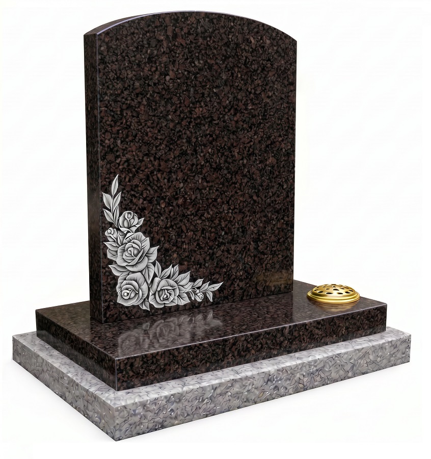 Rose and Leaves in Dark Grey Granite